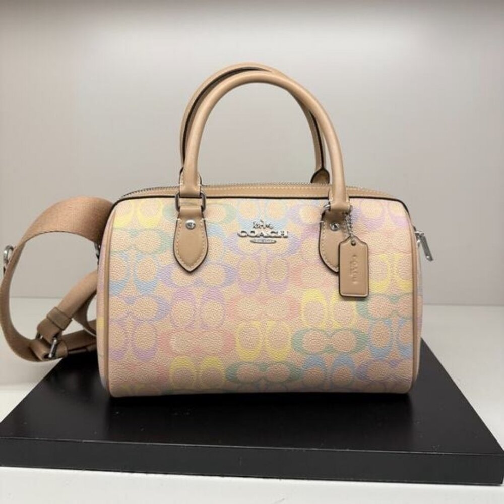 Coach Rowan Satchel Bag Crossbody In Rainbow Sig Canvas/Sv/Sand Multi CDA90 NWT